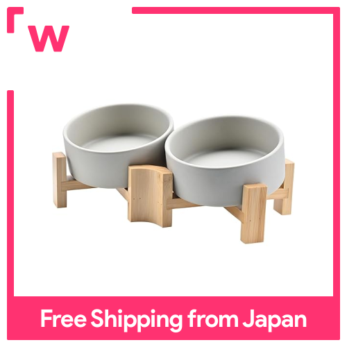 FeedFurry Dog Feeding Bowl 15 Degree Slanted Ceramic Cat Feeding Plate Pet Food Cup Water Bowl Wooden Bowl with Bowl Stand Height Adjustable Food Bowl Easy to Eat Small Dog 400ml Gray